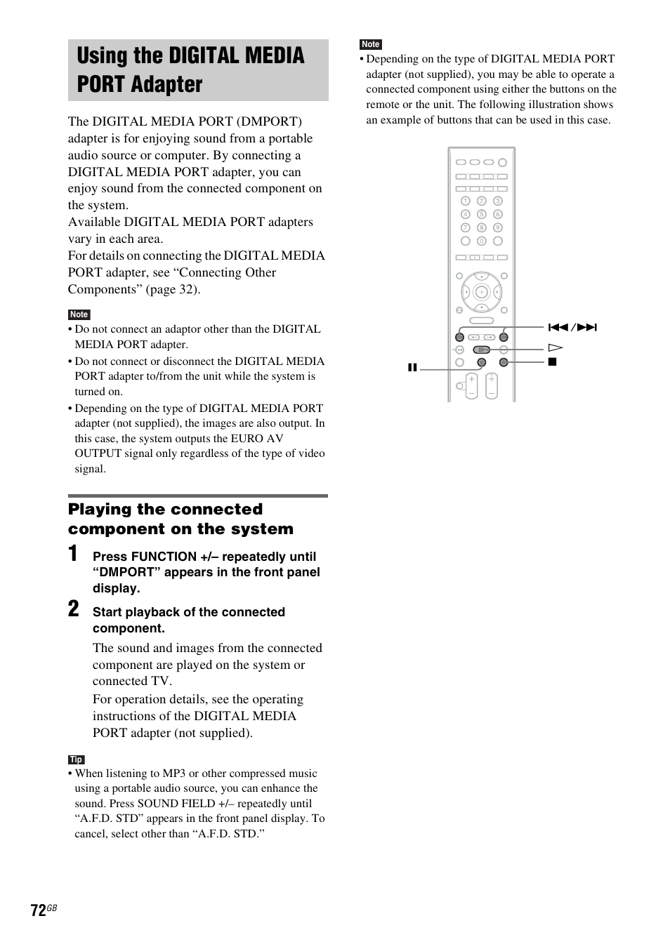 Using the digital media port adapter, Playing the connected component on the system, Using the digital media port | Adapter | Sony DAV-DZ830W User Manual | Page 72 / 116