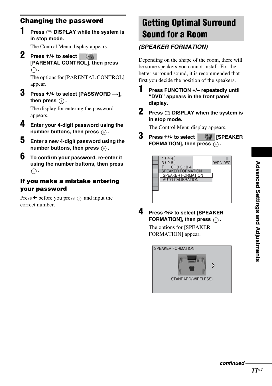 Changing the password, Getting optimal surround sound for a room, Getting optimal surround sound for a | Room (speaker formation) | Sony DAV-DZ830W User Manual | Page 77 / 116