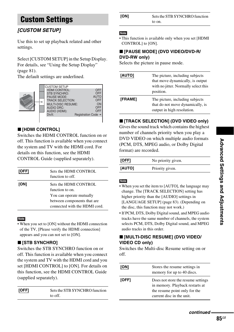 Custom settings, Custom setup | Sony DAV-DZ830W User Manual | Page 85 / 116