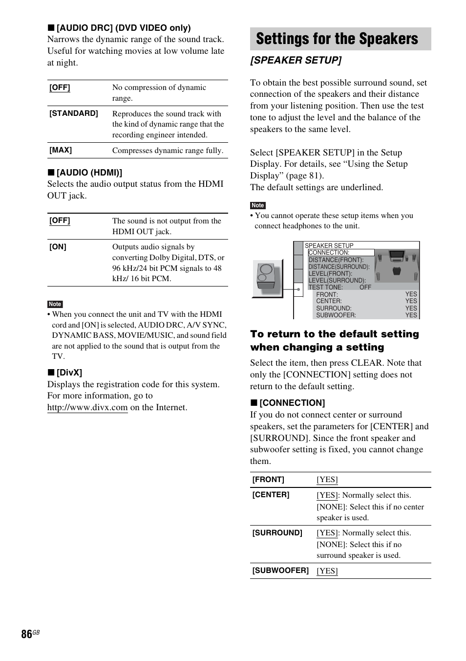 Settings for the speakers, Speaker setup | Sony DAV-DZ830W User Manual | Page 86 / 116