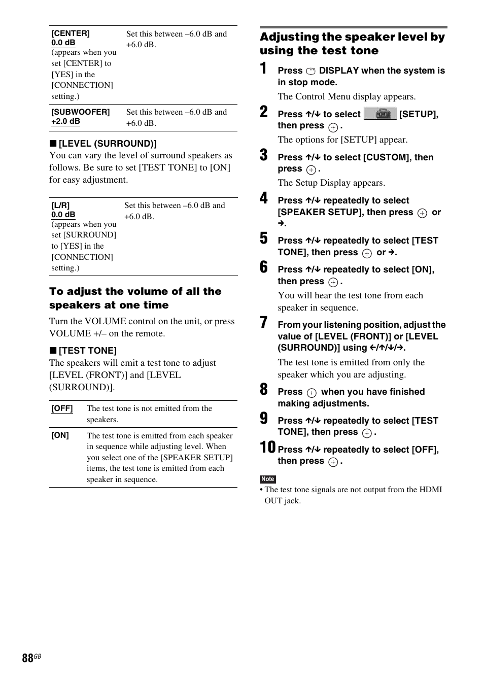 Adjusting the speaker level by using the test tone | Sony DAV-DZ830W User Manual | Page 88 / 116
