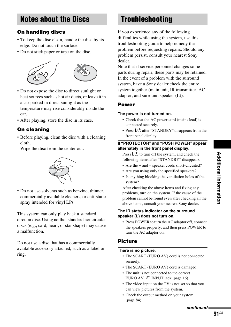 Notes about the discs, Troubleshooting, Notes about the discs troubleshooting | Sony DAV-DZ830W User Manual | Page 91 / 116