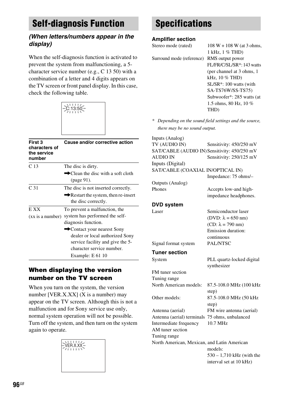 Self-diagnosis function, Specifications, When letters/numbers appear in the display) | Sony DAV-DZ830W User Manual | Page 96 / 116