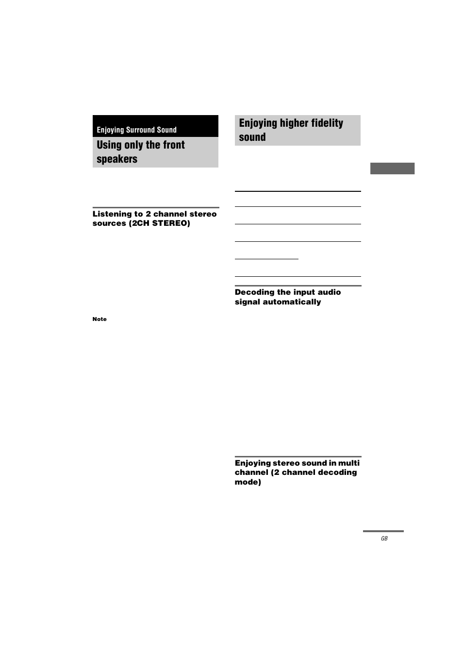 Enjoying surround sound, Using only the front speakers, Enjoying higher fidelity sound | Auto format direct | Sony STR-LV500 User Manual | Page 17 / 36