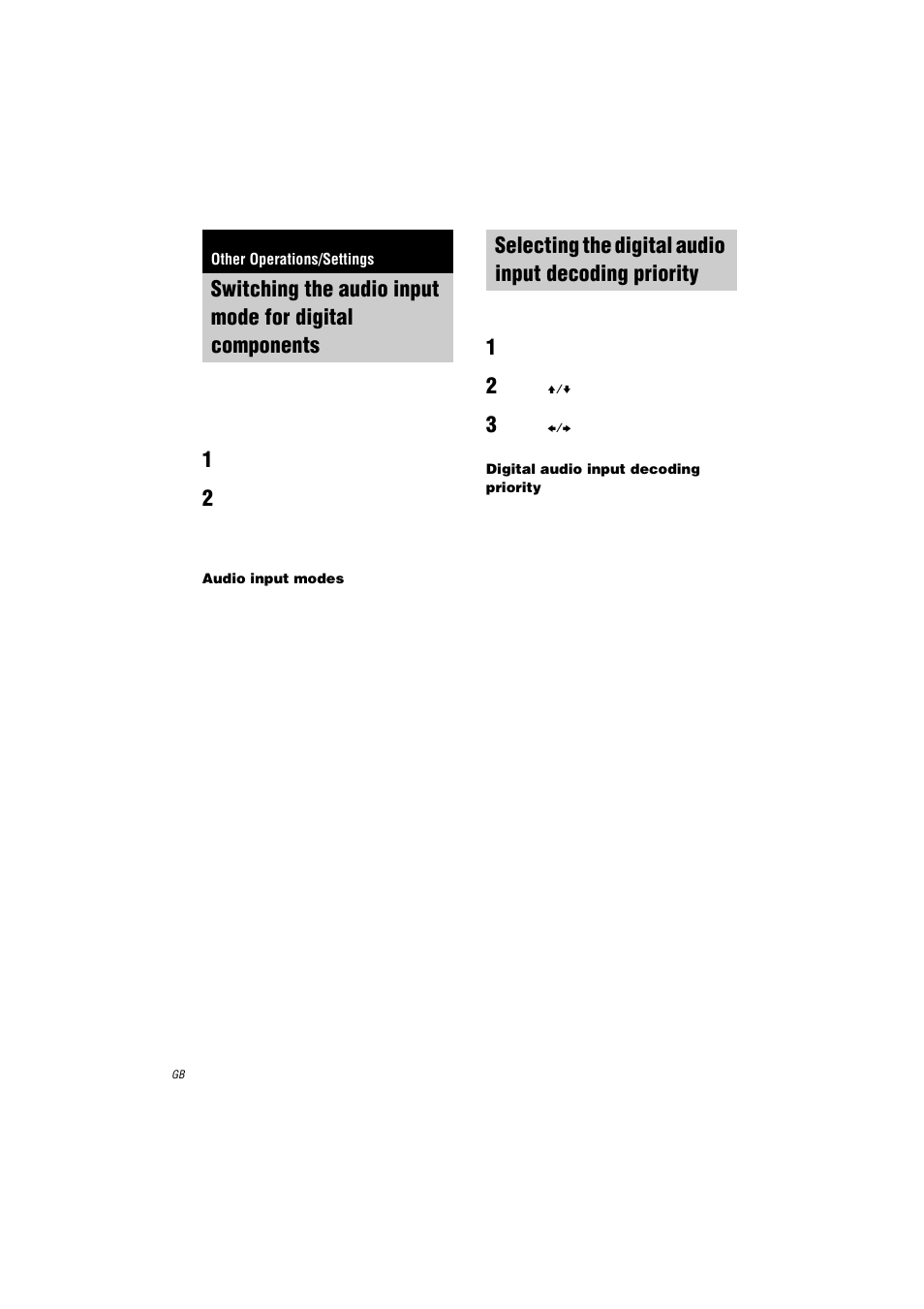 Other operations/settings, Switching the audio input mode for digital, Components — input mode | Selecting the digital audio input decoding, Priority | Sony STR-LV500 User Manual | Page 20 / 36