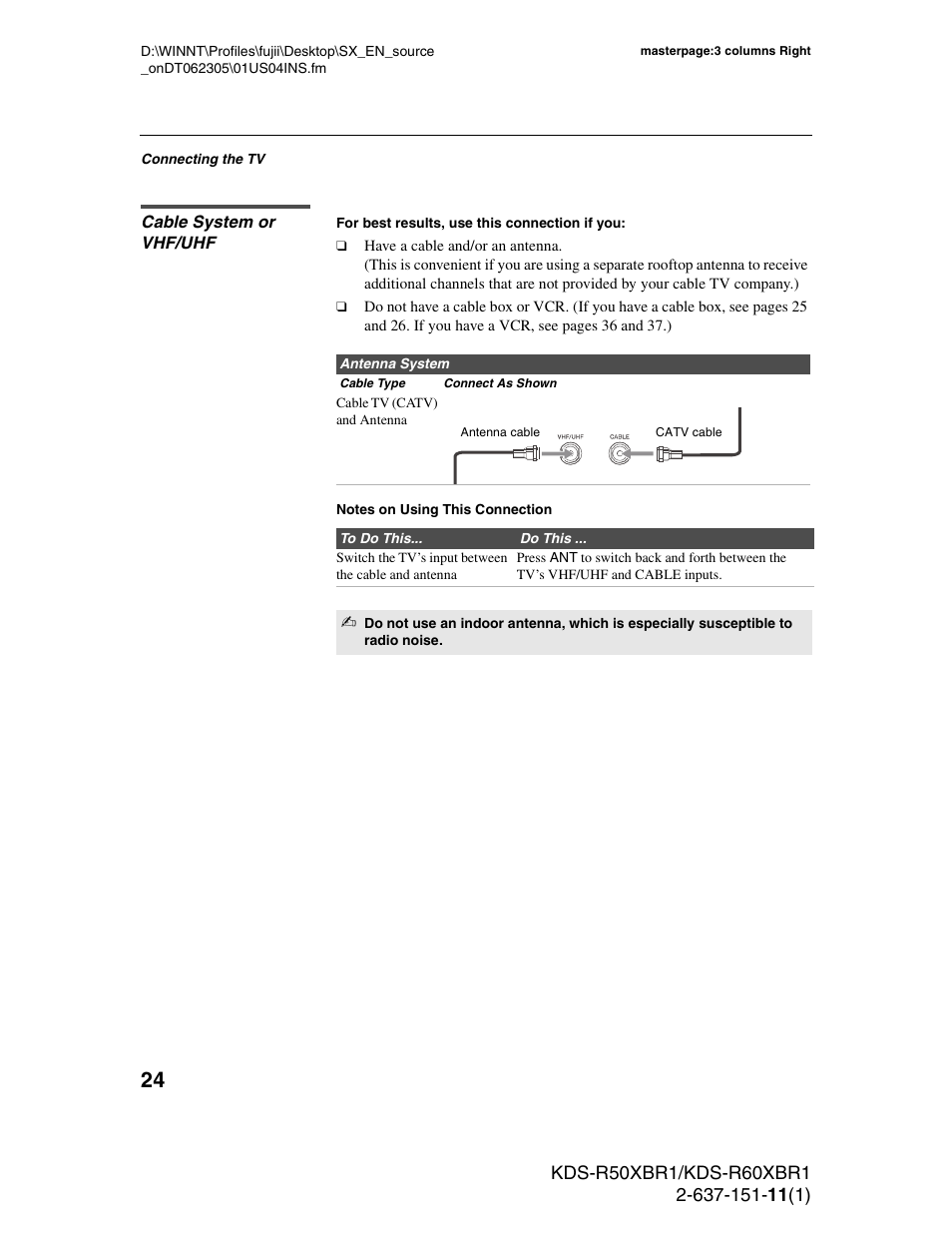 Cable system or vhf/uhf | Sony KDS-R50XBR1 User Manual | Page 24 / 120
