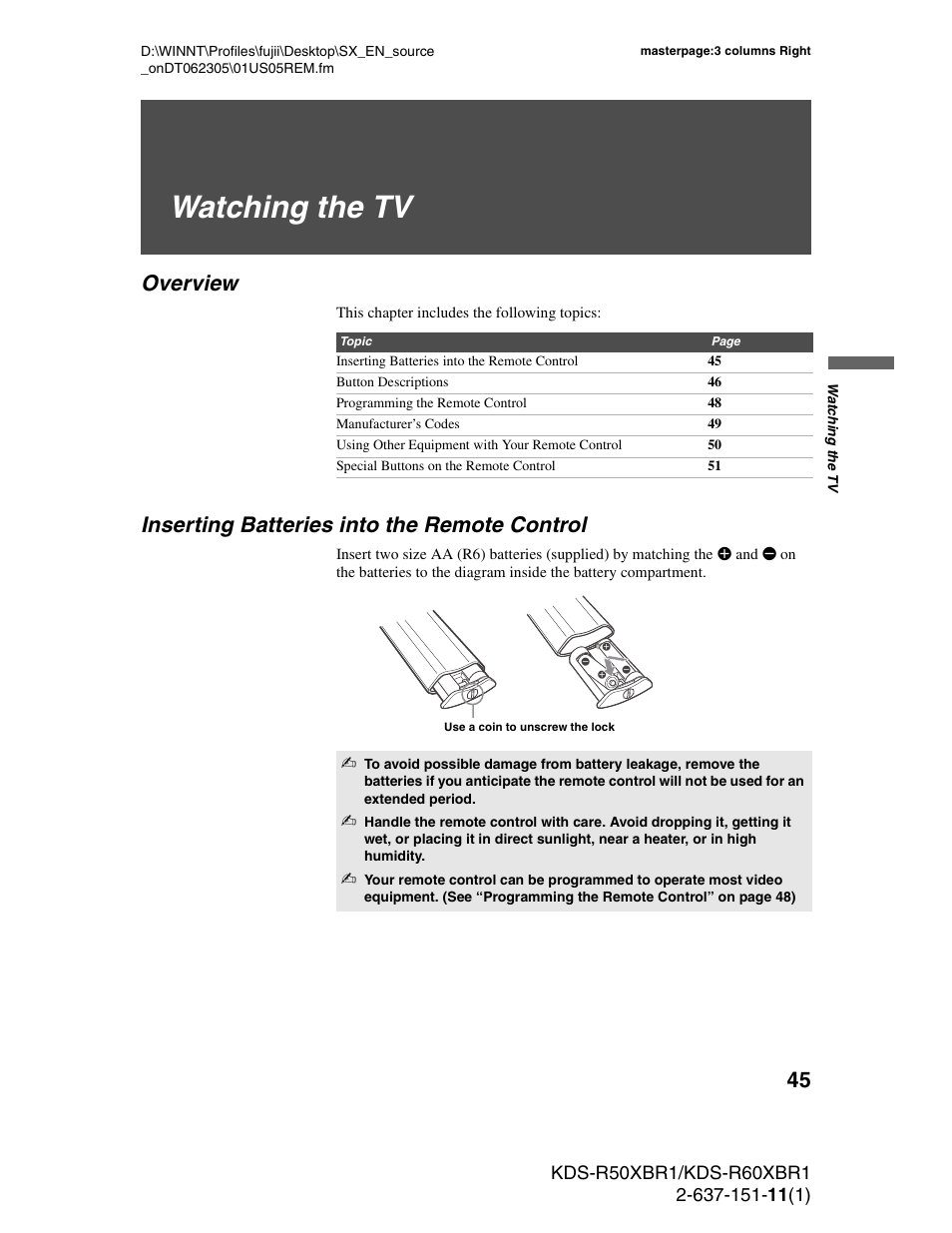 Watching the tv, Overview, Inserting batteries into the remote control | Sony KDS-R50XBR1 User Manual | Page 45 / 120