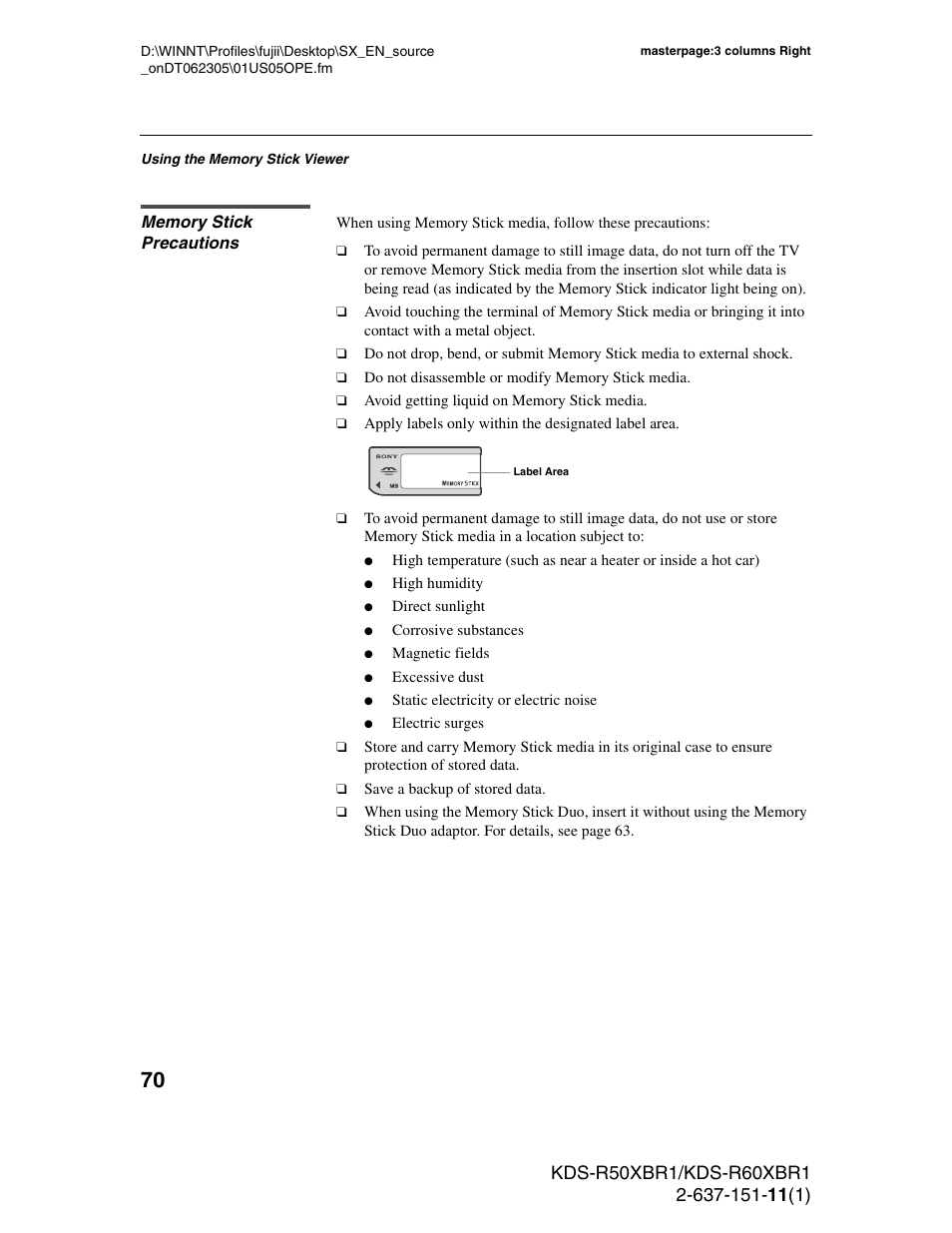 Memory stick precautions | Sony KDS-R50XBR1 User Manual | Page 70 / 120