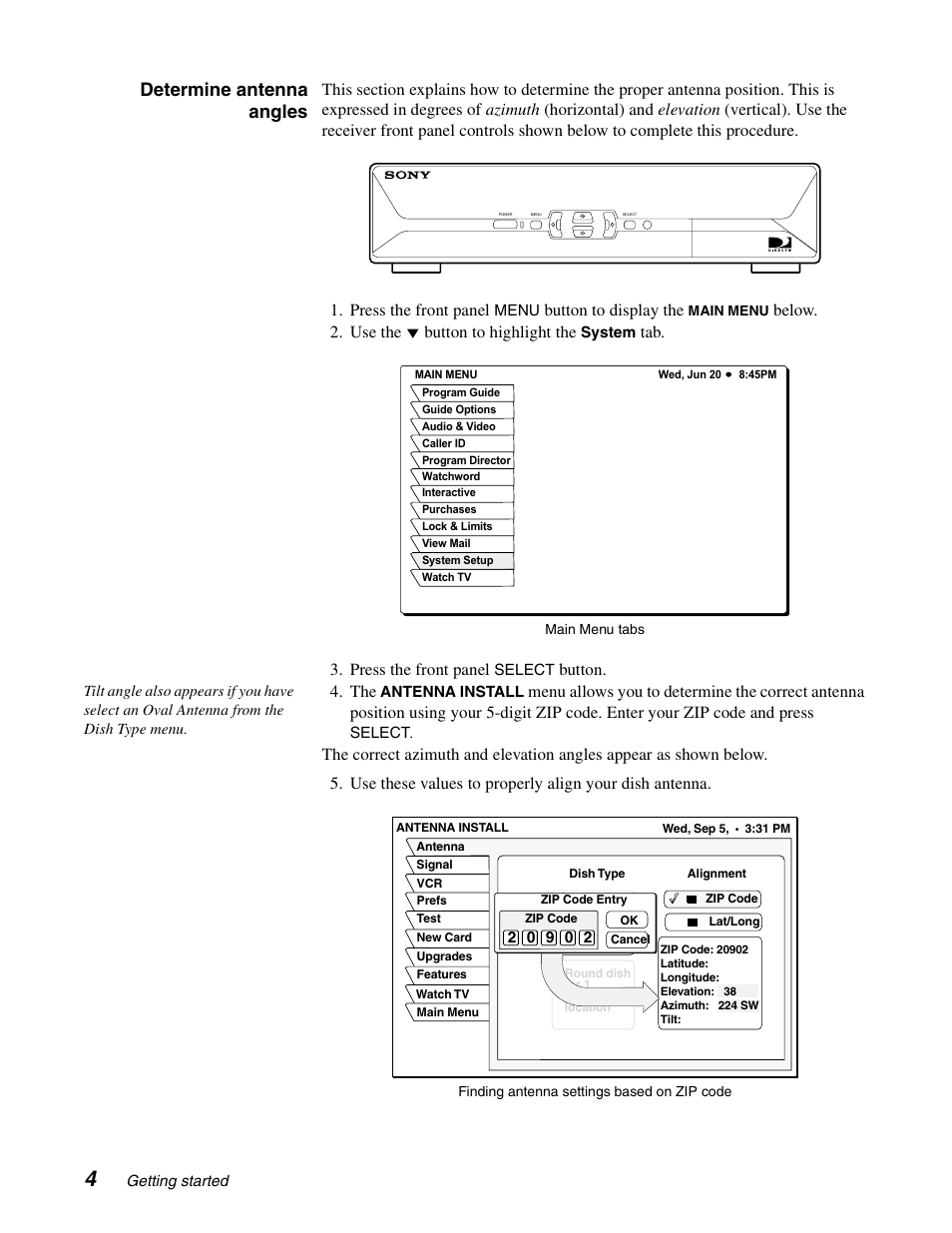 Determine antenna angles, Button to display the, Below. 2. use the button to highlight the | Tab. 3. press the front panel, Button | Sony SAT-B65 User Manual | Page 13 / 58