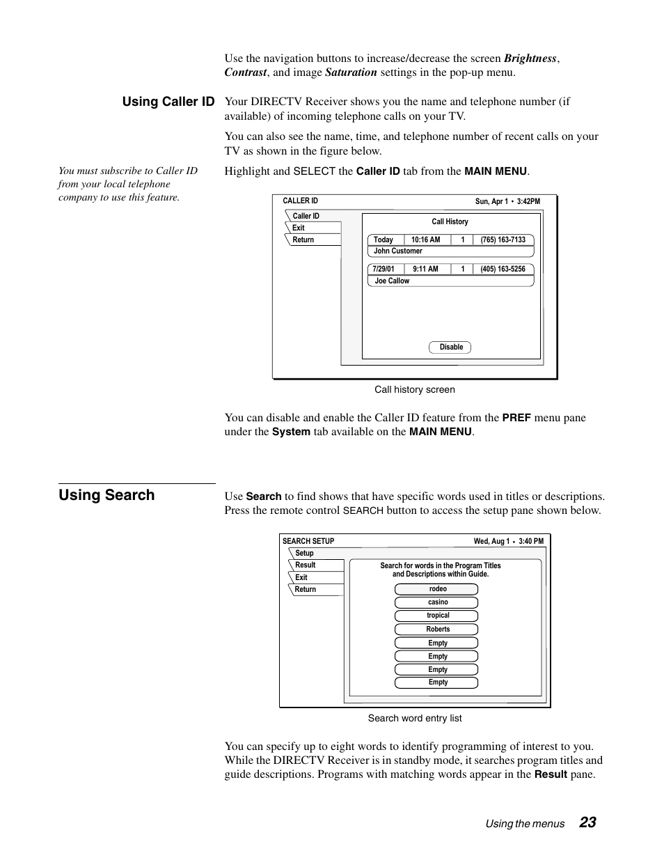 Using search, Using caller id | Sony SAT-B65 User Manual | Page 32 / 58