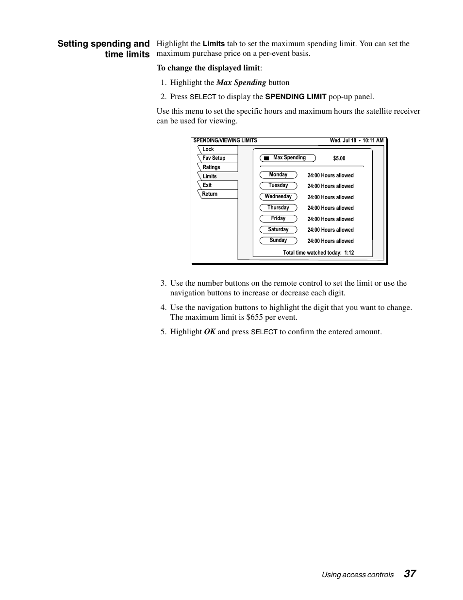 Setting spending and time limits | Sony SAT-B65 User Manual | Page 46 / 58