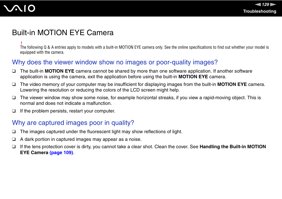 Built-in motion eye camera, Why are captured images poor in quality | Sony VAIO VGN-NS User Manual | Page 129 / 175