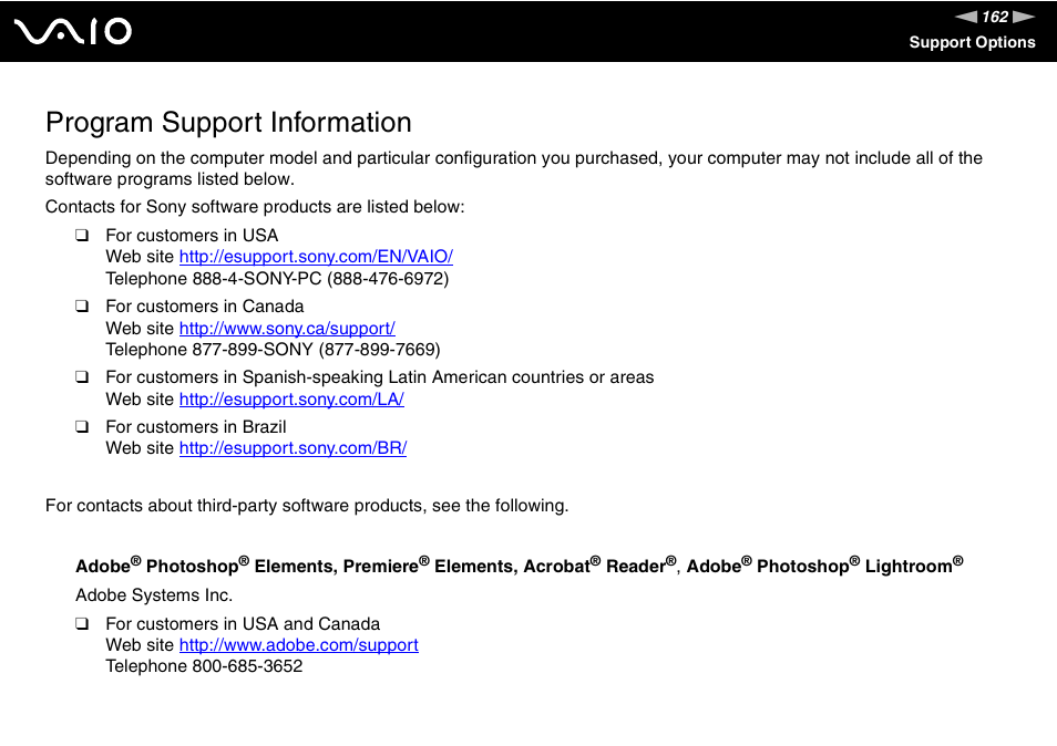 Program support information | Sony VAIO VGN-NS User Manual | Page 162 / 175