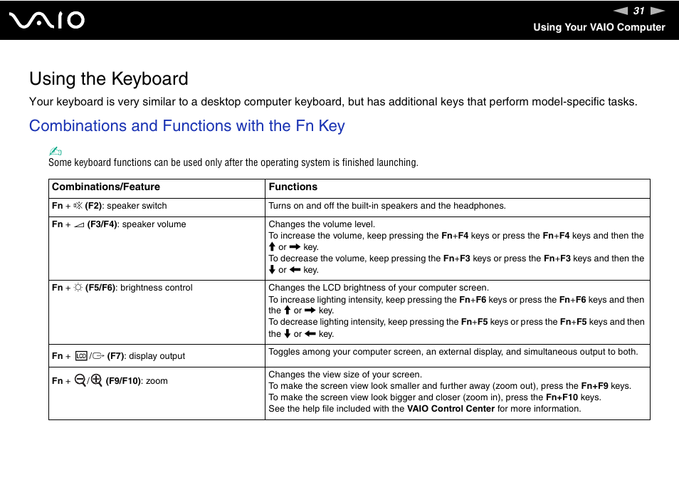Using the keyboard, Combinations and functions with the fn key | Sony VAIO VGN-NS User Manual | Page 31 / 175