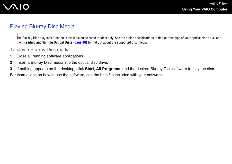 Playing blu-ray disc media | Sony VAIO VGN-NS User Manual | Page 47 / 175