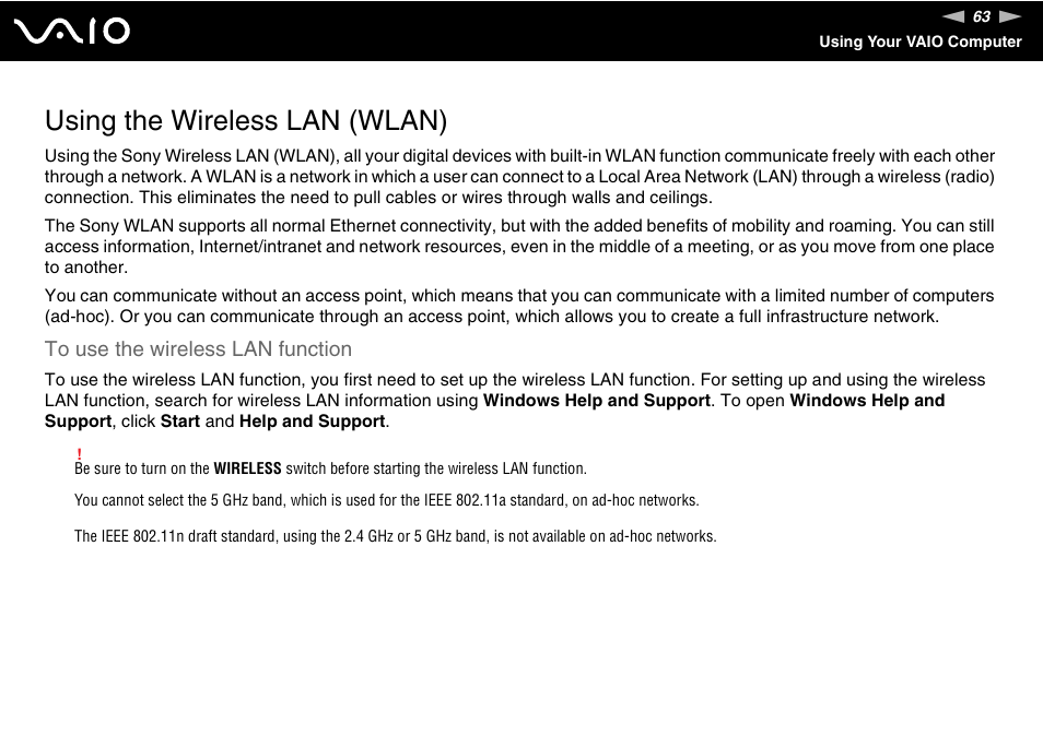 Using the wireless lan (wlan) | Sony VAIO VGN-NS User Manual | Page 63 / 175