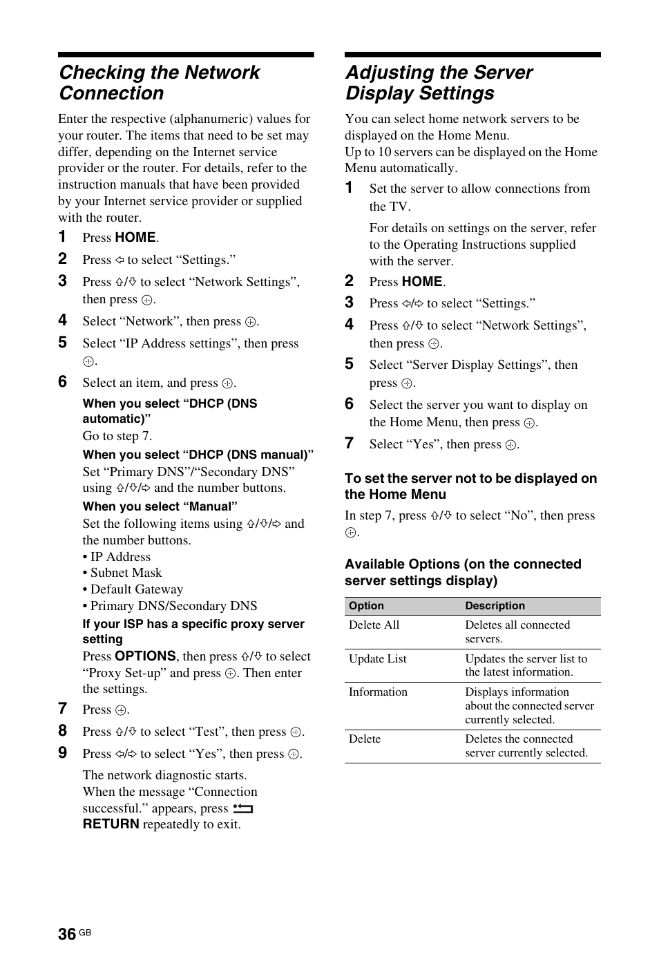 Checking the network connection, Adjusting the server display settings | Sony 4-116-578-11(1) User Manual | Page 36 / 59