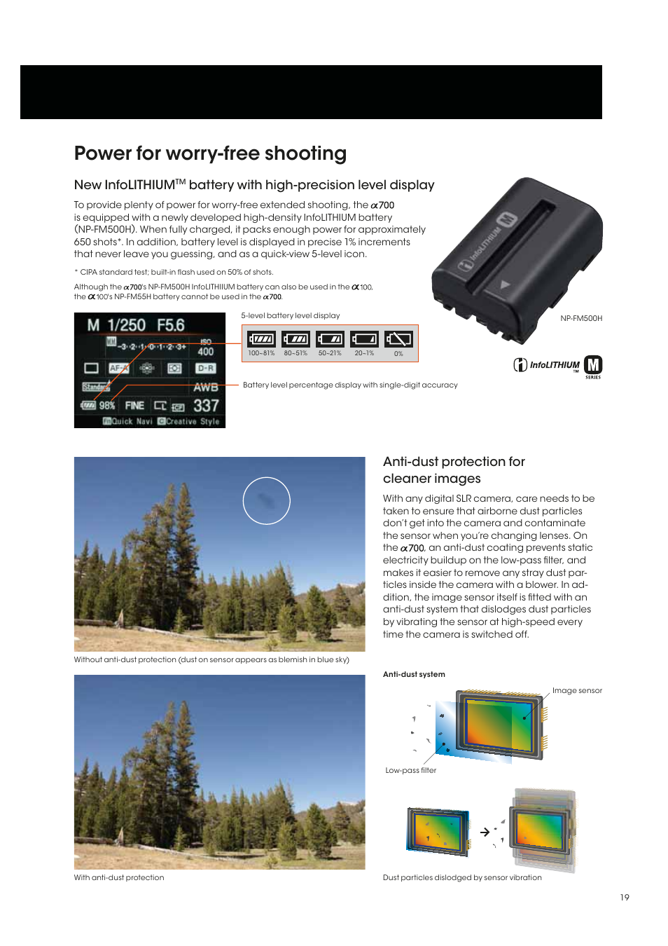Power for worry-free shooting, New infolithium, Battery with high-precision level display | Anti-dust protection for cleaner images | Sony alpha 700 User Manual | Page 19 / 28