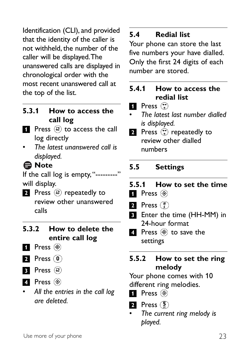 4 redial list, 5 settings, Redial list | Settings | Sony CD145 User Manual | Page 25 / 40
