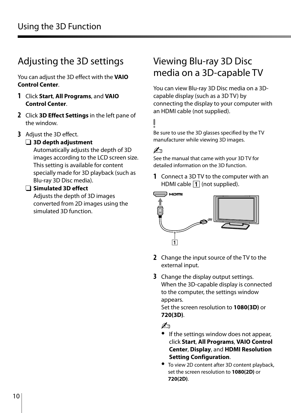 Adjusting the 3d settings, Viewing blu-ray 3d disc media on a 3d-capable tv, Using the 3d function | Sony MOTHERBOARD A8V-VM SE User Manual | Page 10 / 16