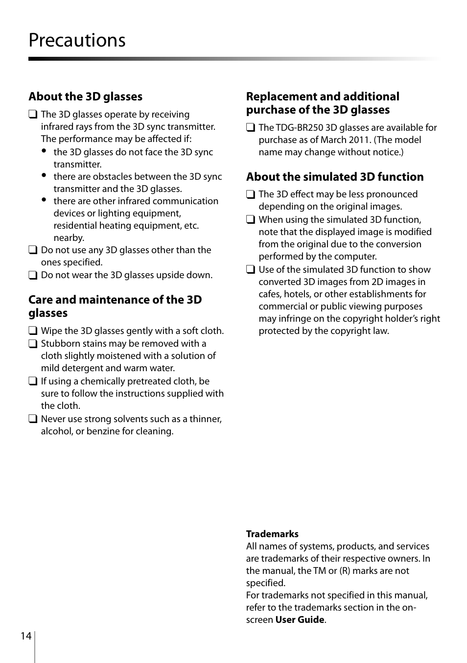Precautions ………………………………………………………………………… 14, Precautions, About the 3d glasses | Care and maintenance of the 3d glasses, About the simulated 3d function | Sony MOTHERBOARD A8V-VM SE User Manual | Page 14 / 16