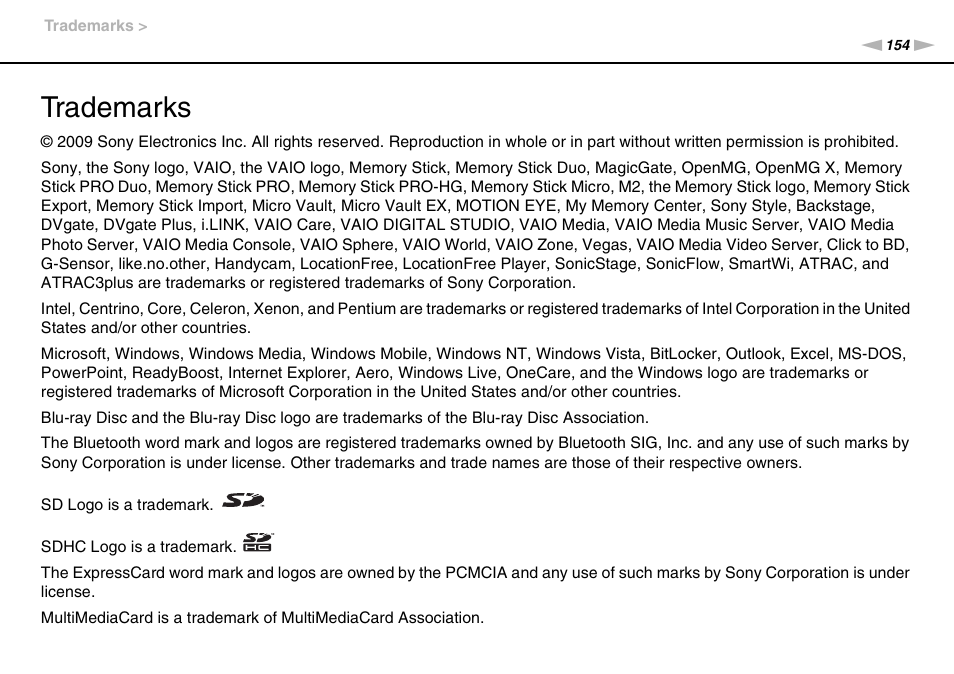 Trademarks | Sony VAIO VGN-NW User Manual | Page 154 / 157