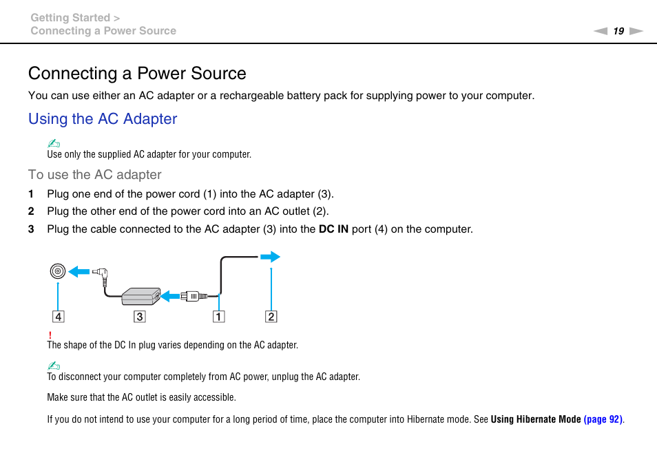 Connecting a power source, Using the ac adapter | Sony VAIO VGN-NW User Manual | Page 19 / 157