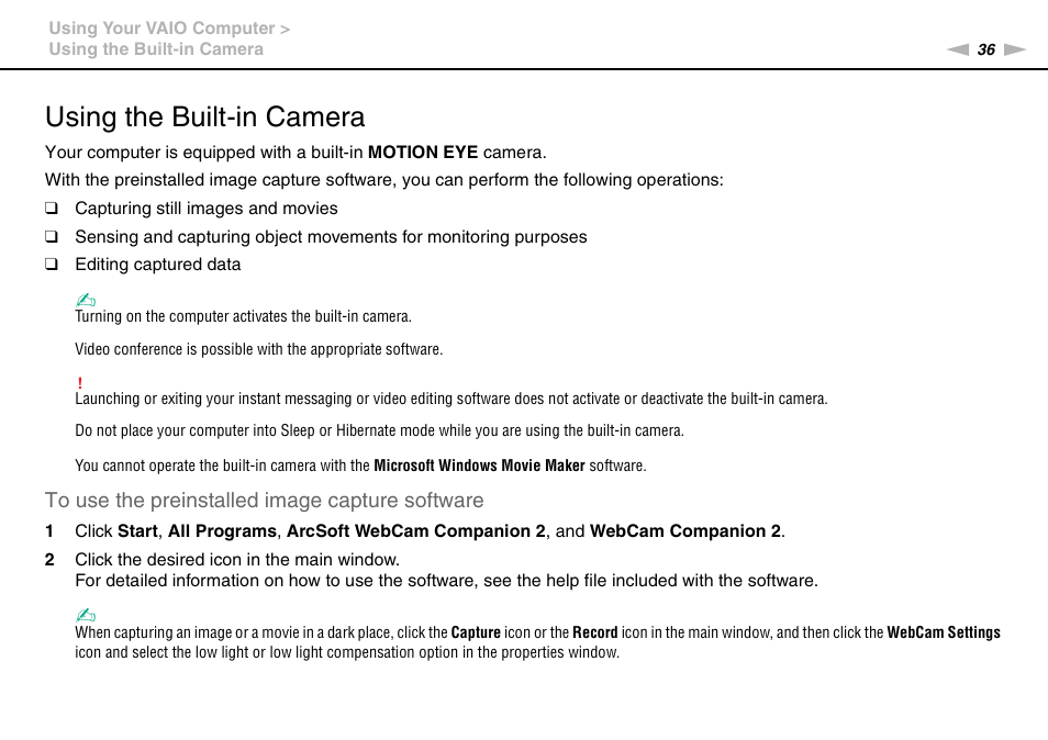 Using the built-in camera | Sony VAIO VGN-NW User Manual | Page 36 / 157