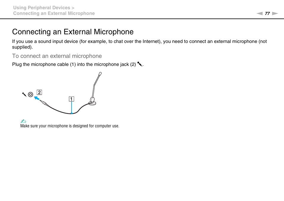 Connecting an external microphone | Sony VAIO VGN-NW User Manual | Page 77 / 157