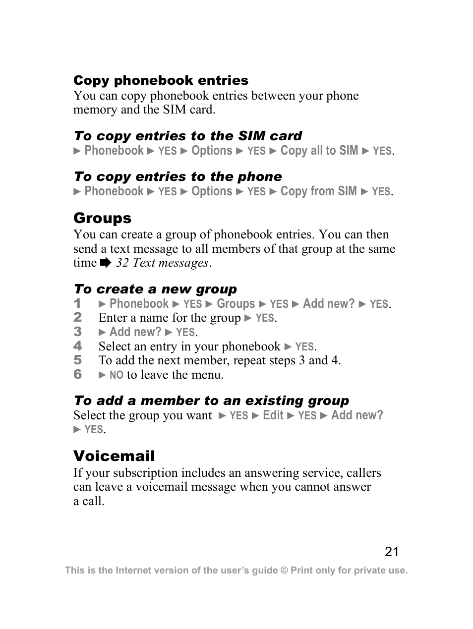 Groups, Voicemail | Sony Z300i User Manual | Page 22 / 80