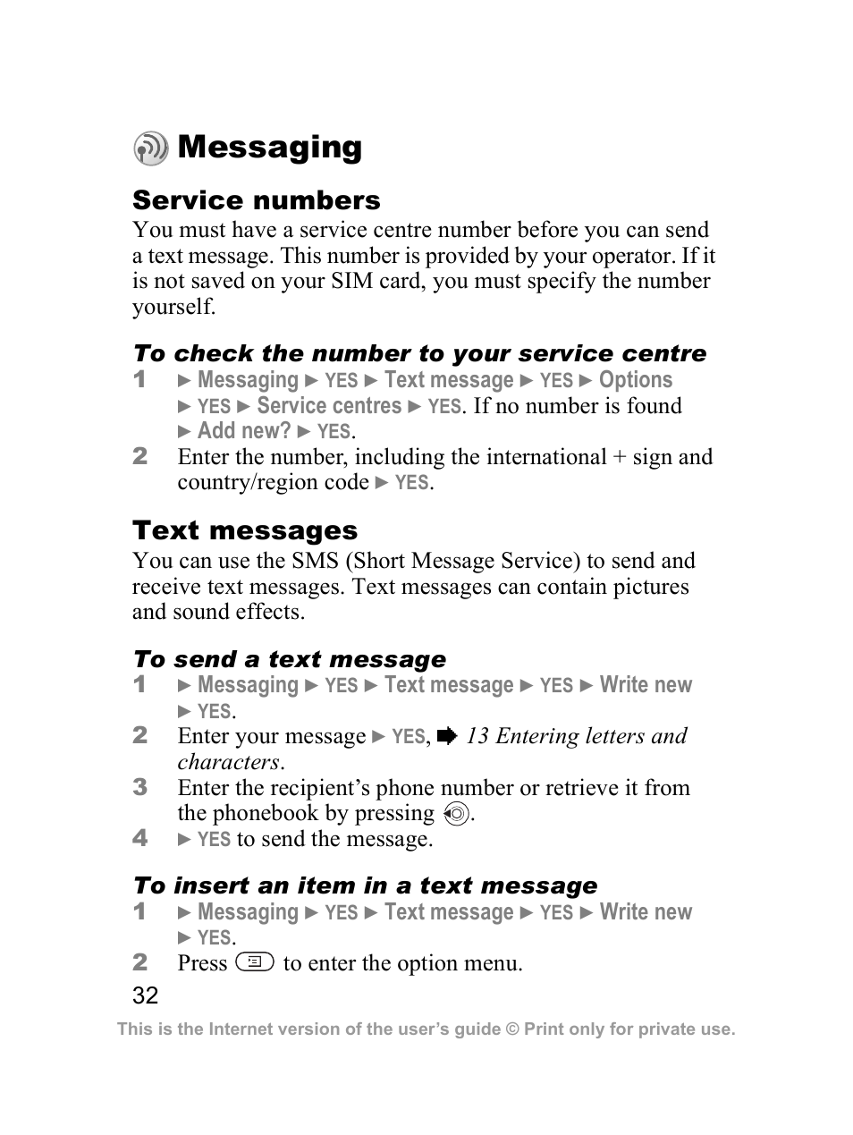 Messaging, Service numbers, Text messages | Sony Z300i User Manual | Page 33 / 80