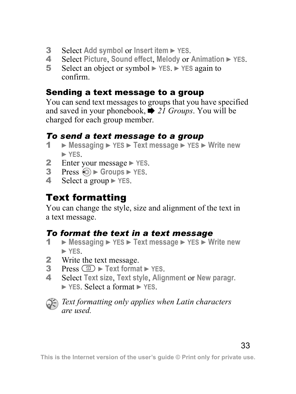 Text formatting | Sony Z300i User Manual | Page 34 / 80