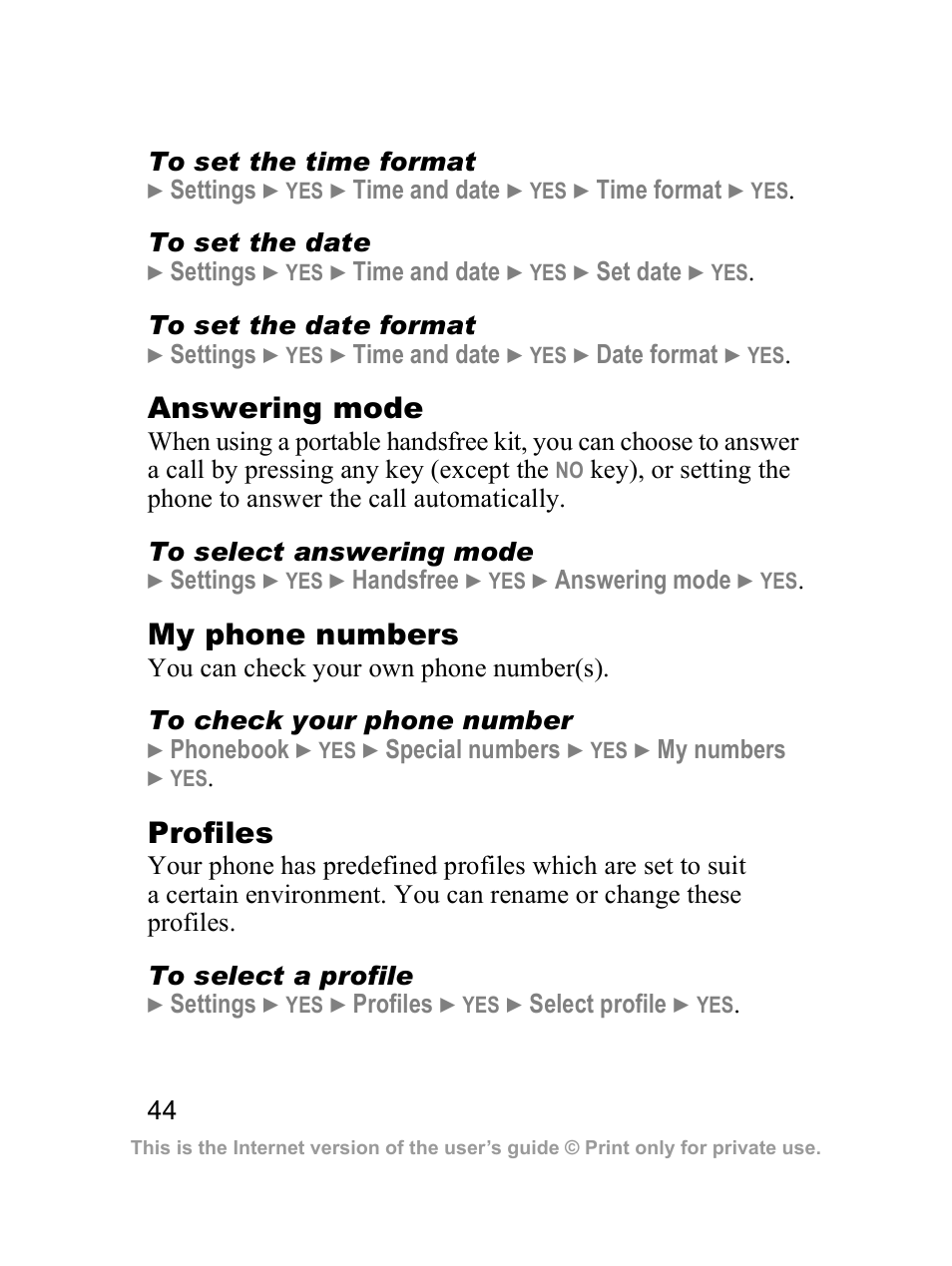 Answering mode, My phone numbers, Profiles | Sony Z300i User Manual | Page 45 / 80