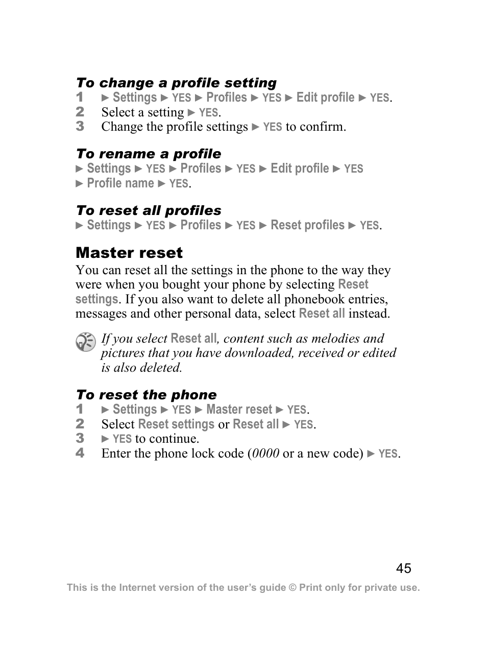 Master reset | Sony Z300i User Manual | Page 46 / 80