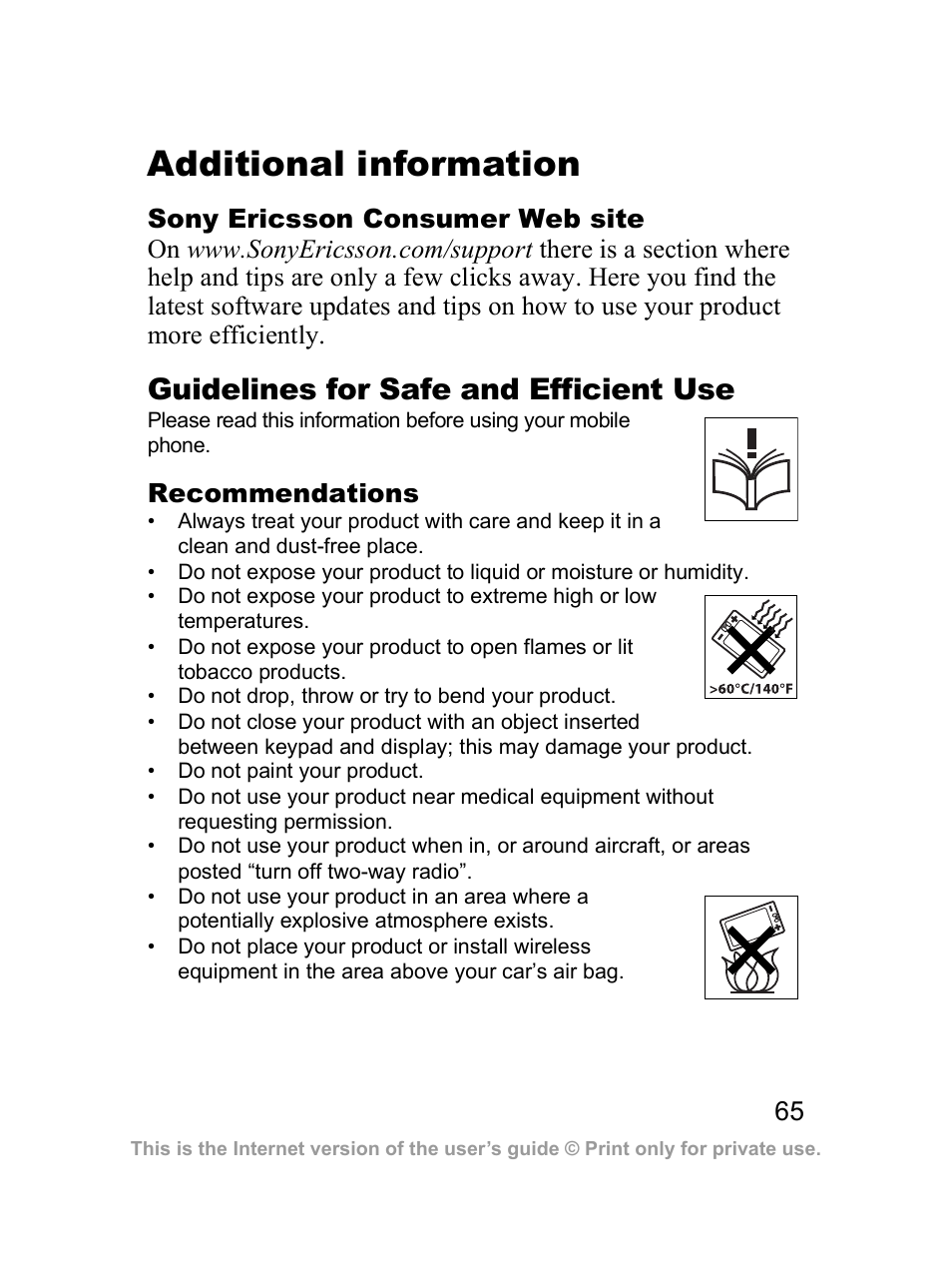 Additional information, Guidelines for safe and efficient use | Sony Z300i User Manual | Page 66 / 80