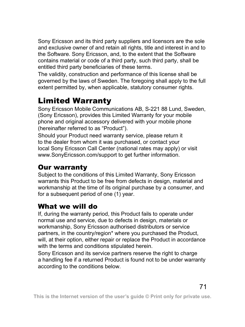 Limited warranty | Sony Z300i User Manual | Page 72 / 80