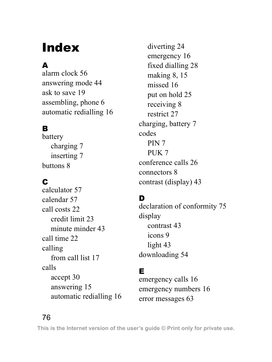 Index | Sony Z300i User Manual | Page 77 / 80