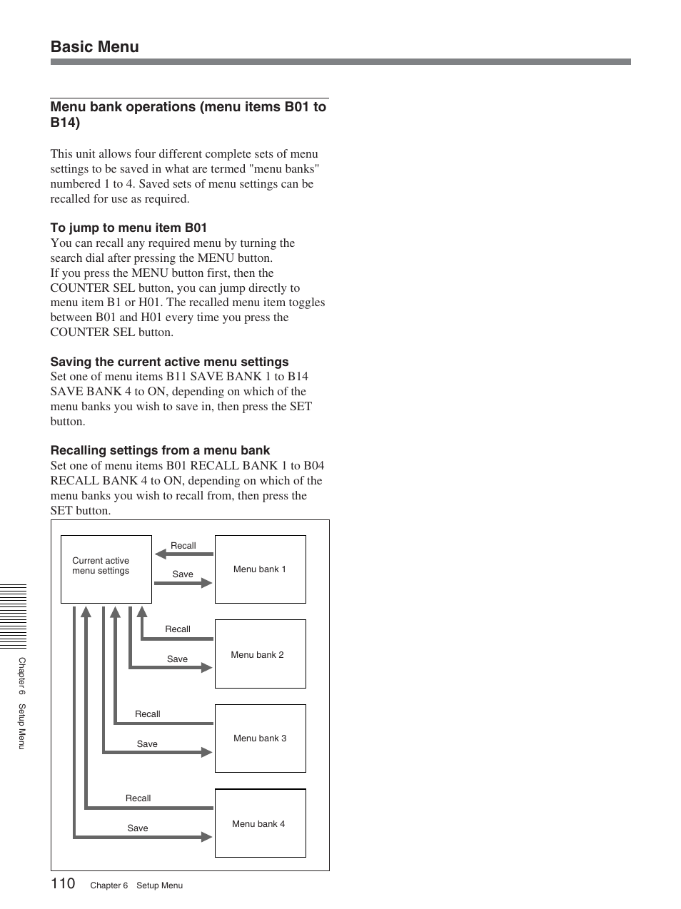 Basic menu, Menu bank operations (menu items b01 to b14) | Sony DSR-2000A User Manual | Page 110 / 150