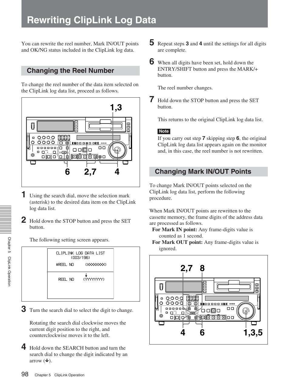 Rewriting cliplink log data, Changing the reel number, Changing mark in/out points | Sony DSR-2000A User Manual | Page 98 / 150