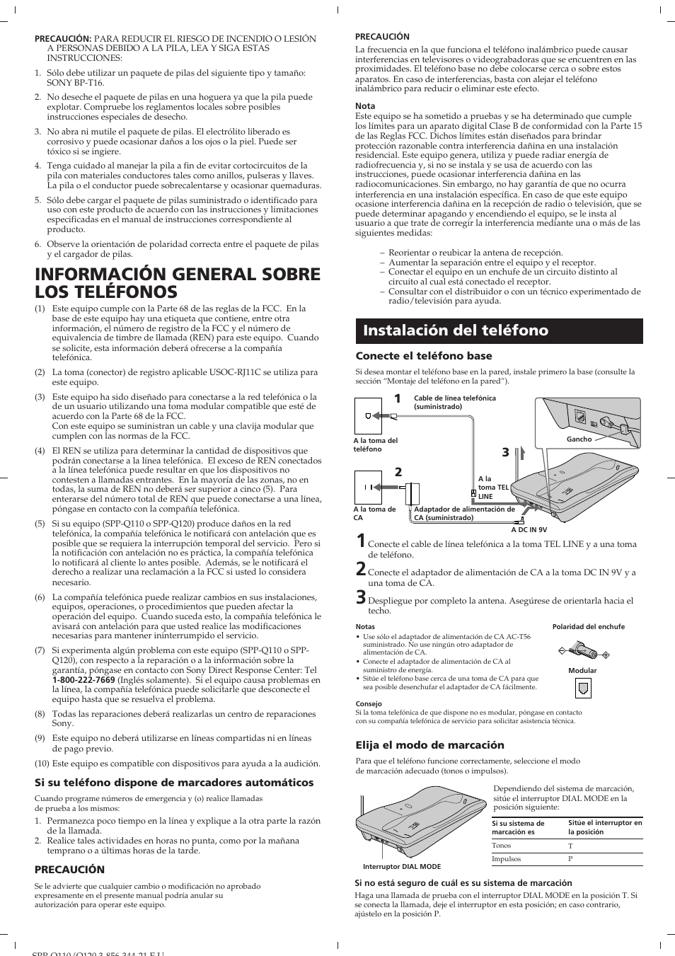 Información general sobre los teléfonos, Instalación del teléfono | Sony SPP-Q110 User Manual | Page 6 / 8