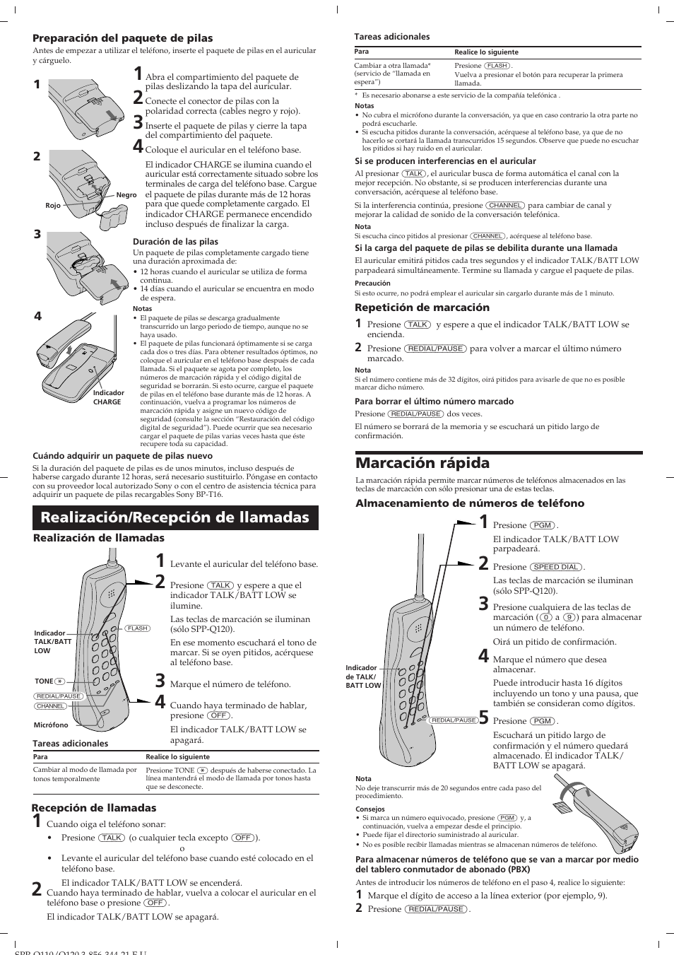 Realización/recepción de llamadas, Marcación rápida | Sony SPP-Q110 User Manual | Page 7 / 8