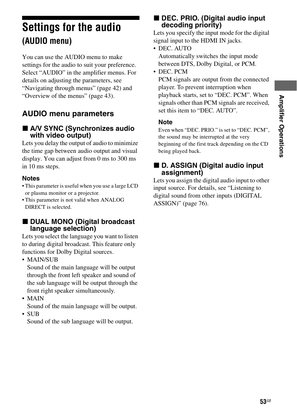 Settings for the audio (audio menu), Settings for the audio, Audio menu) | Sony 3-289-450-45(1) User Manual | Page 53 / 100