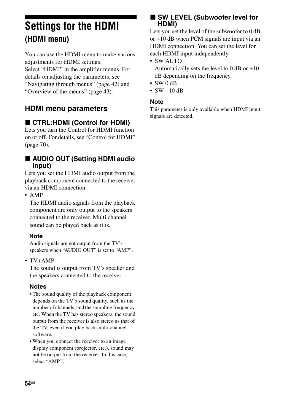 Settings for the hdmi (hdmi menu), Settings for the hdmi, Hdmi menu) | Hdmi menu parameters | Sony 3-289-450-45(1) User Manual | Page 54 / 100