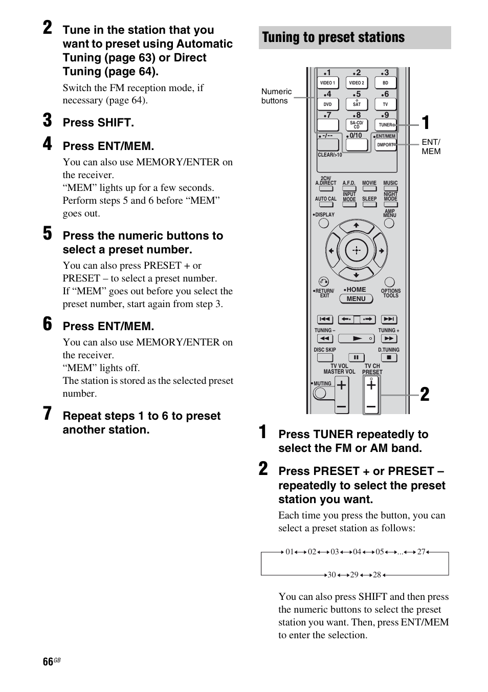 Tuning to preset stations, Press shift, Press ent/mem | Repeat steps 1 to 6 t o preset another station, Press tuner repeatedly to select the fm or am band | Sony 3-289-450-45(1) User Manual | Page 66 / 100