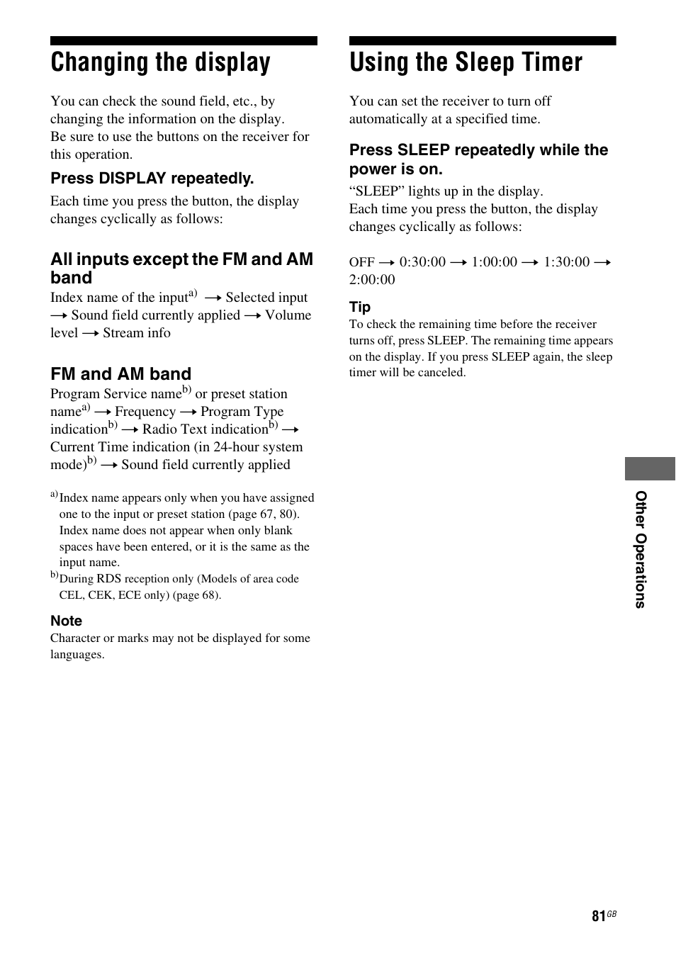 Changing the display, Using the sleep timer, Changing the display using the sleep timer | E 81, All inputs except the fm and am band, Fm and am band | Sony 3-289-450-45(1) User Manual | Page 81 / 100