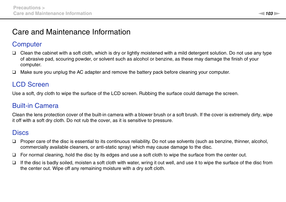 Care and maintenance information, Computer, Lcd screen | Built-in camera, Discs | Sony VAIO VGN-FW User Manual | Page 103 / 159