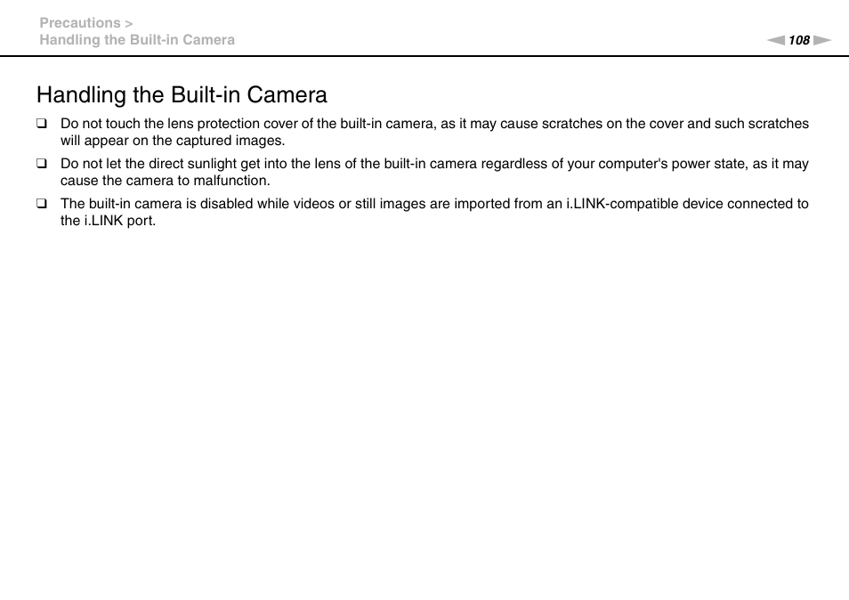 Handling the built-in camera | Sony VAIO VGN-FW User Manual | Page 108 / 159