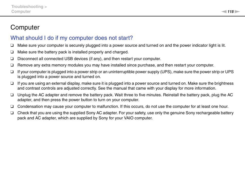 Computer, What should i do if my computer does not start | Sony VAIO VGN-FW User Manual | Page 115 / 159