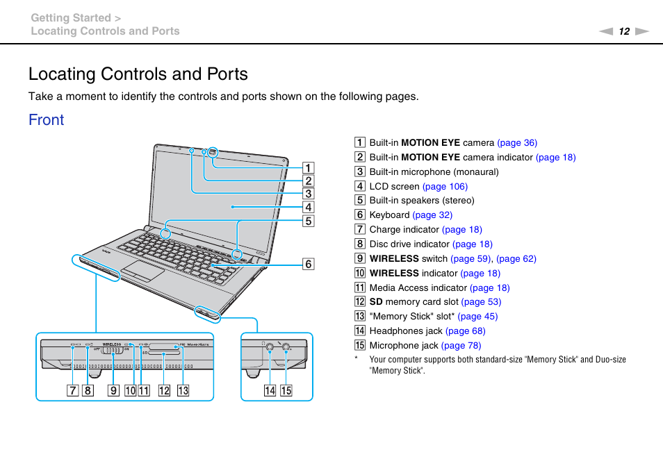 Locating controls and ports, Front | Sony VAIO VGN-FW User Manual | Page 12 / 159