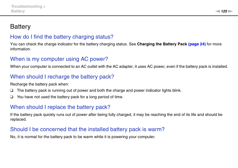 Battery, How do i find the battery charging status, When is my computer using ac power | When should i recharge the battery pack, When should i replace the battery pack | Sony VAIO VGN-FW User Manual | Page 125 / 159